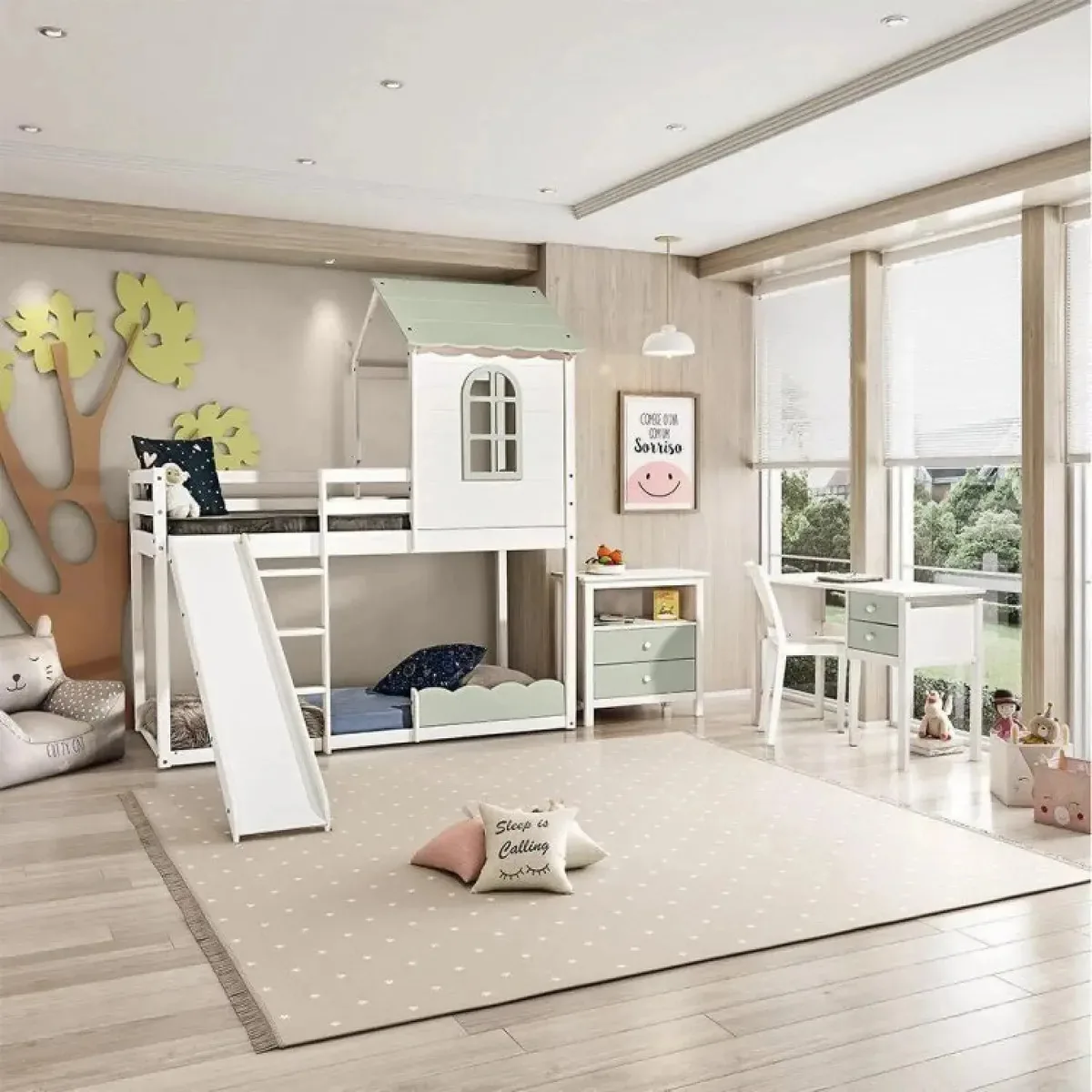 Quarto Completo Montessoriano Club House Sweet C/beliche E Branco/verde