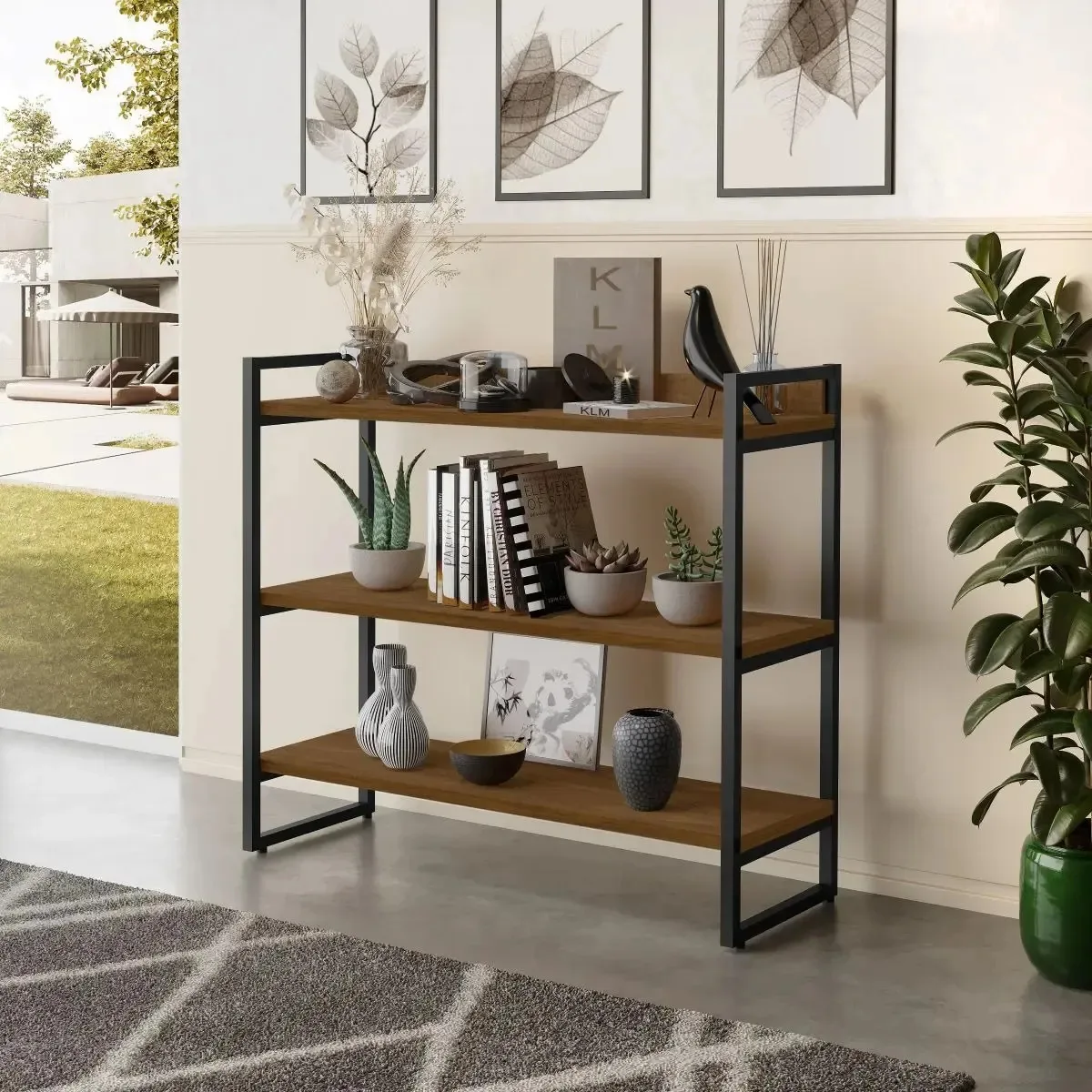 Aparador Estante Para Livros Com 3 Prateleiras Cor Preto/Amadeirado
