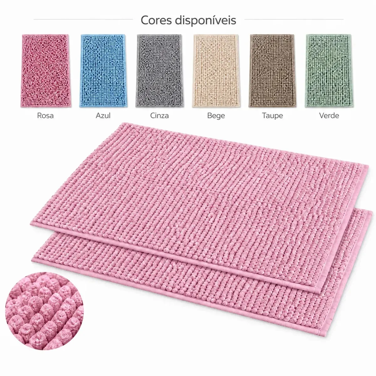 Kit 2 Tapetes para Banheiro Microfibra 38x58cm Antiderrapante Absorvente Macio Lavável em Máquina Bolinha Dedinho Chenille Seca os Pés Cor Rosa