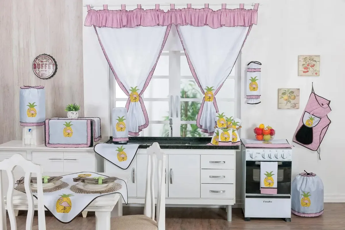 Jogo De Cozinha Bordado 9 Peças Flamingo Rosa