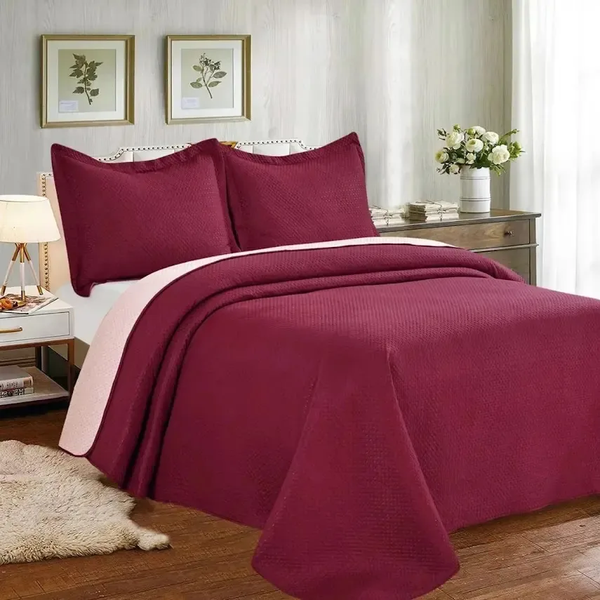 Colcha Cobre Leito Queen Poliéster Dupla Face 3pcs Vinho Vinho Lisa