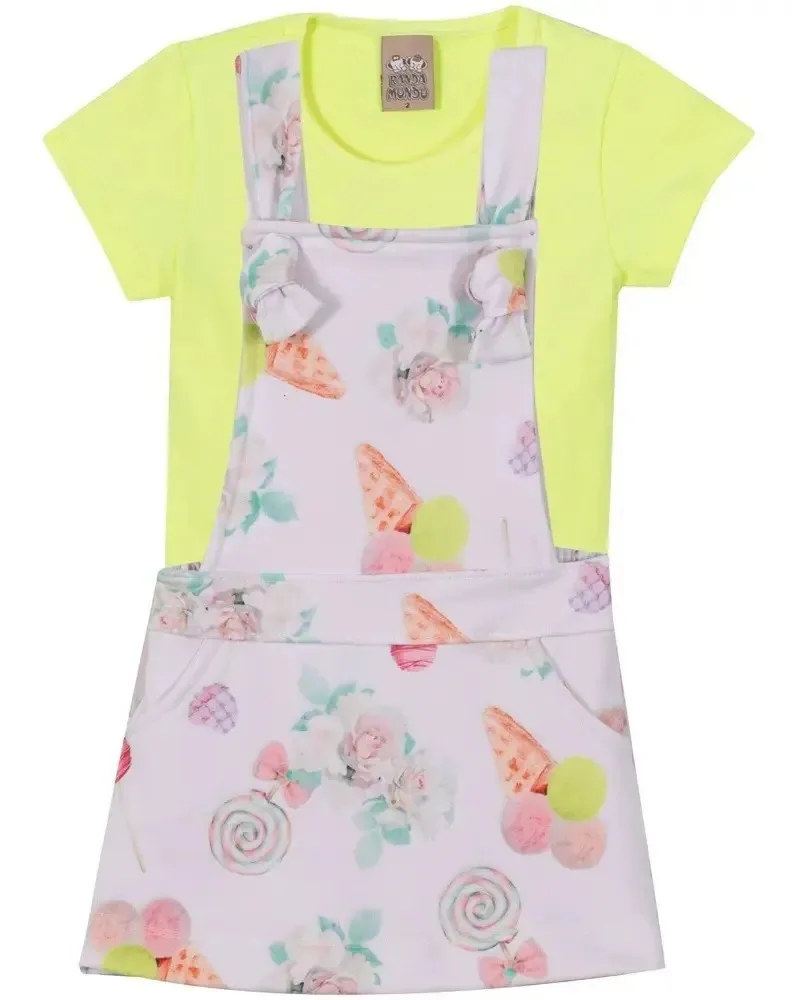 Conjunto Menina Verão Macaquinho Shorts Saia E Blusinha Cor Neon Tamanho 1