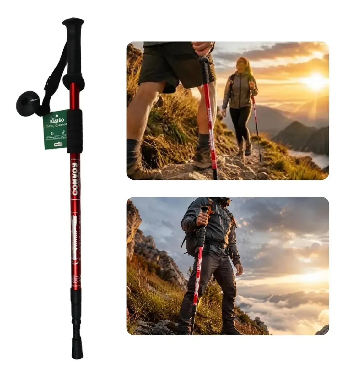 Kit Com 2 Bastões Trilha E Caminhada Ajustável 65cm A 135cm Vermelho
