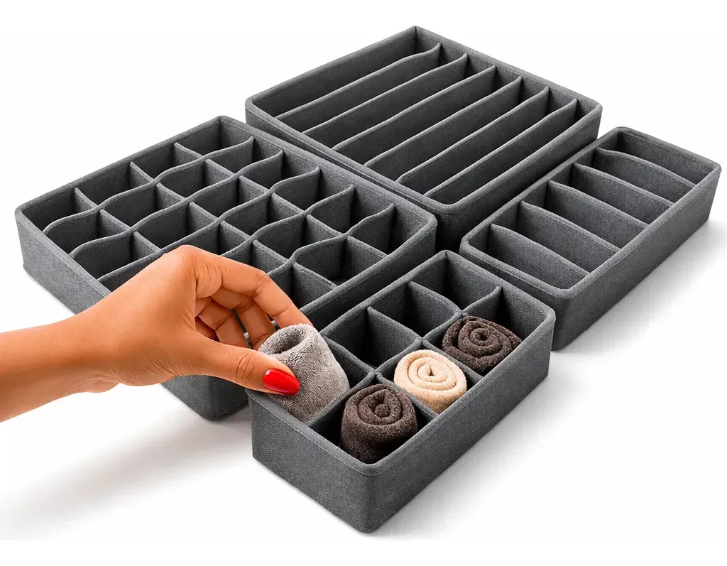 Kit 4 Organizadores Dobrável Divisória Colmeia Gaveta Roupa Cor Cinza
