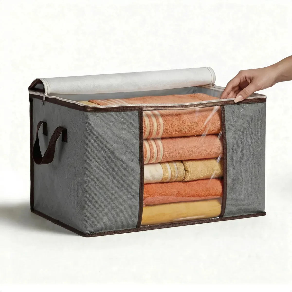 Organizador Caixa Grande 60cm Alça Visor Transparente Roupa Cinza