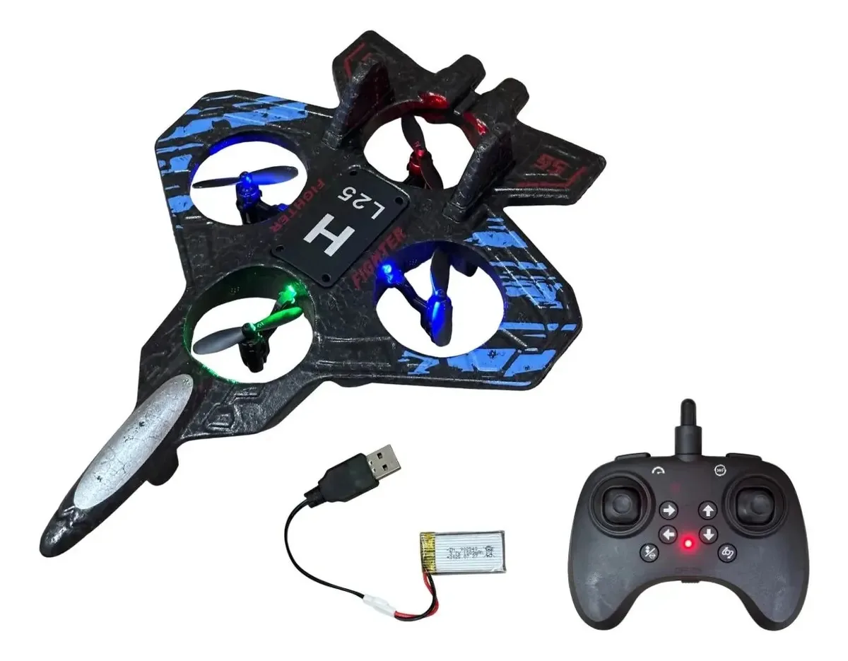 Avião Drone Planador Com Led E Controle Remoto Preto