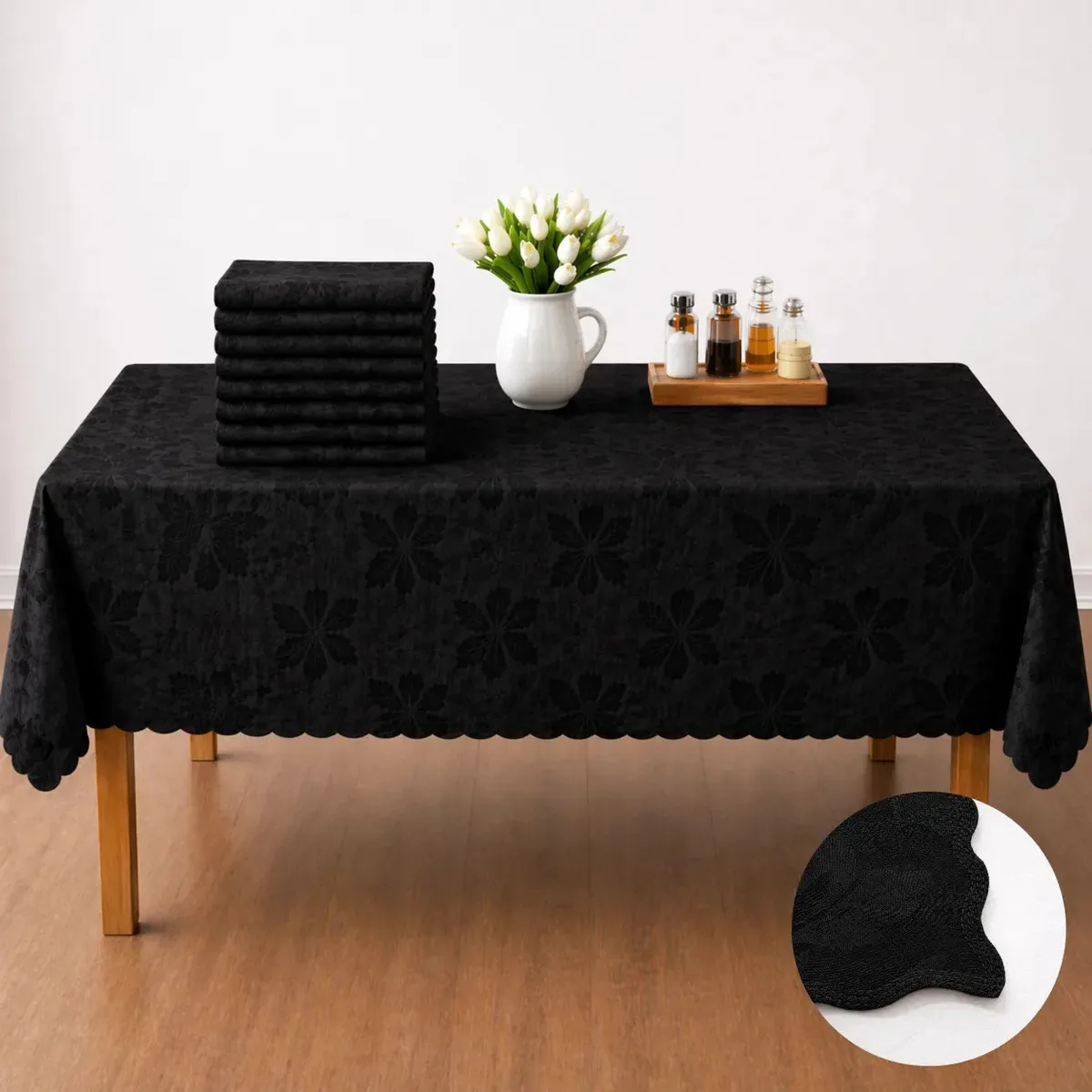 Kit 10 Toalhas Mesa Jacquard Preta Medalhão 4 Lugares Preto Flor