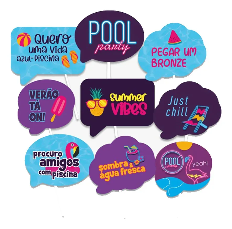 Kit Plaquinhas Divertidas Pool Party Bello Festas C/9 Un