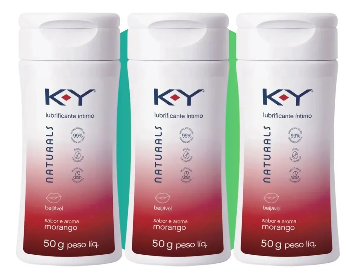 Kit com 3 Lubrificantes K-Y Naturals Beijáveis Sabor Morango