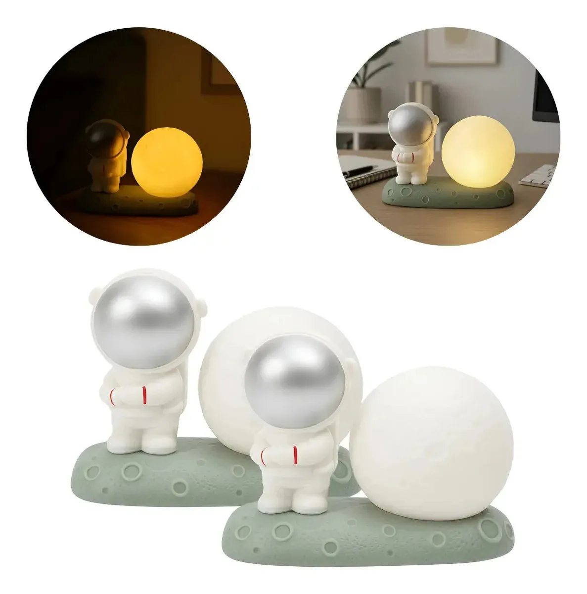 2 Luminárias Astronauta Com Lua Led Amarela Bateria