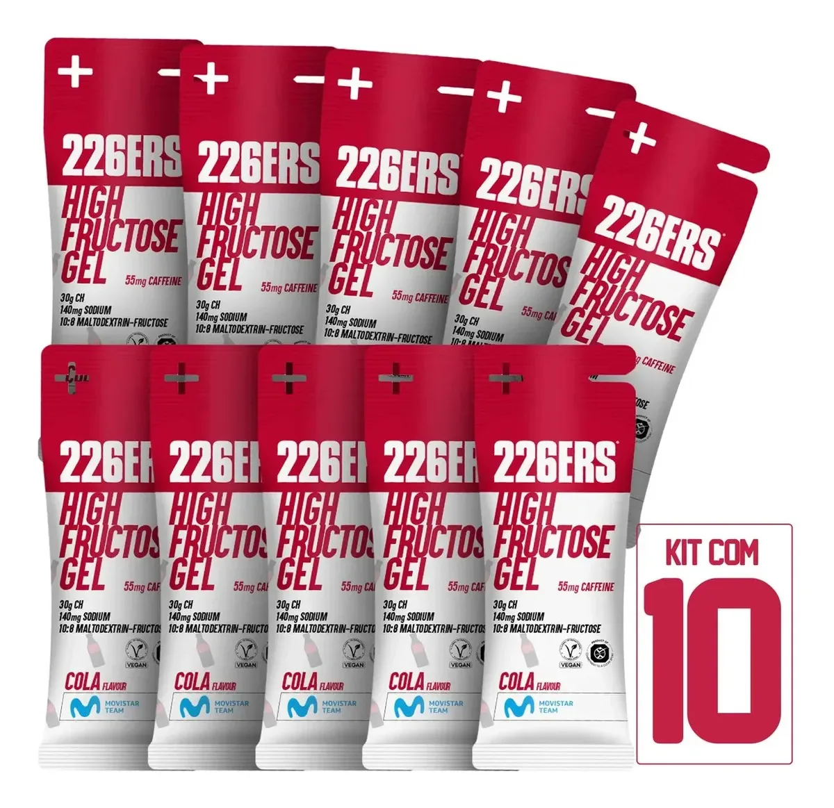 Kit 10 Sachês Gel De Carboidratos 226ers High Fructose - 44g Sabor Cola