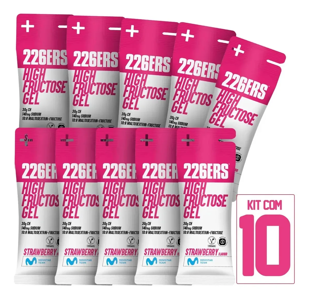Kit 10 Sachês Gel De Carboidratos 226ers High Fructose - 44g Sabor Morango