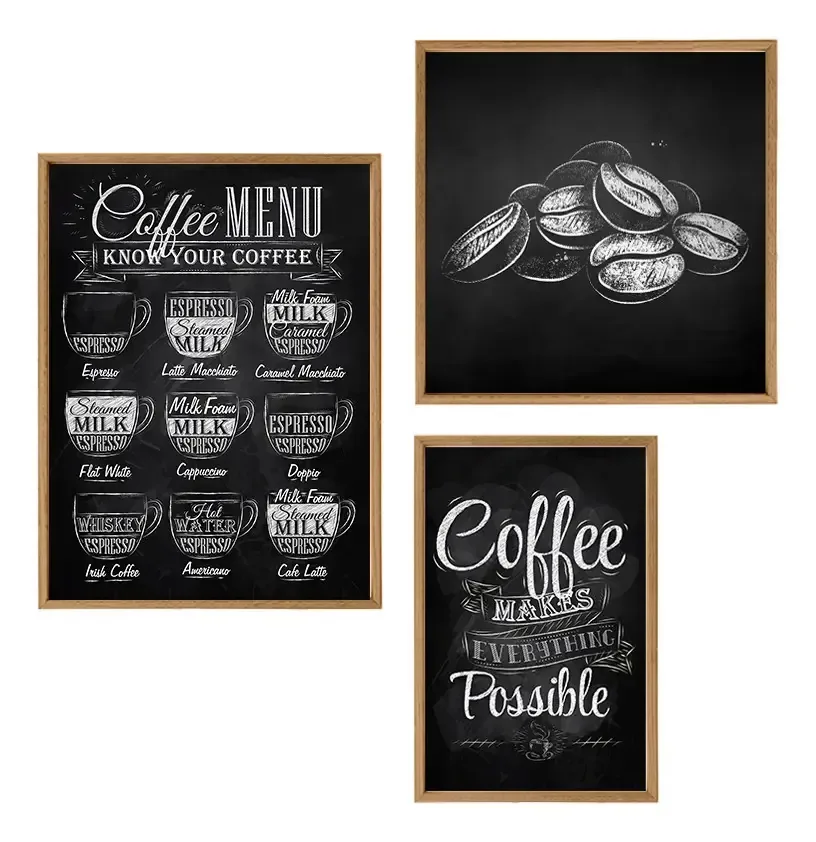 3 Quadros Tematicos Café Moldura Padaria Cozinha Cafeteria Cor Madeira Armação Madeira