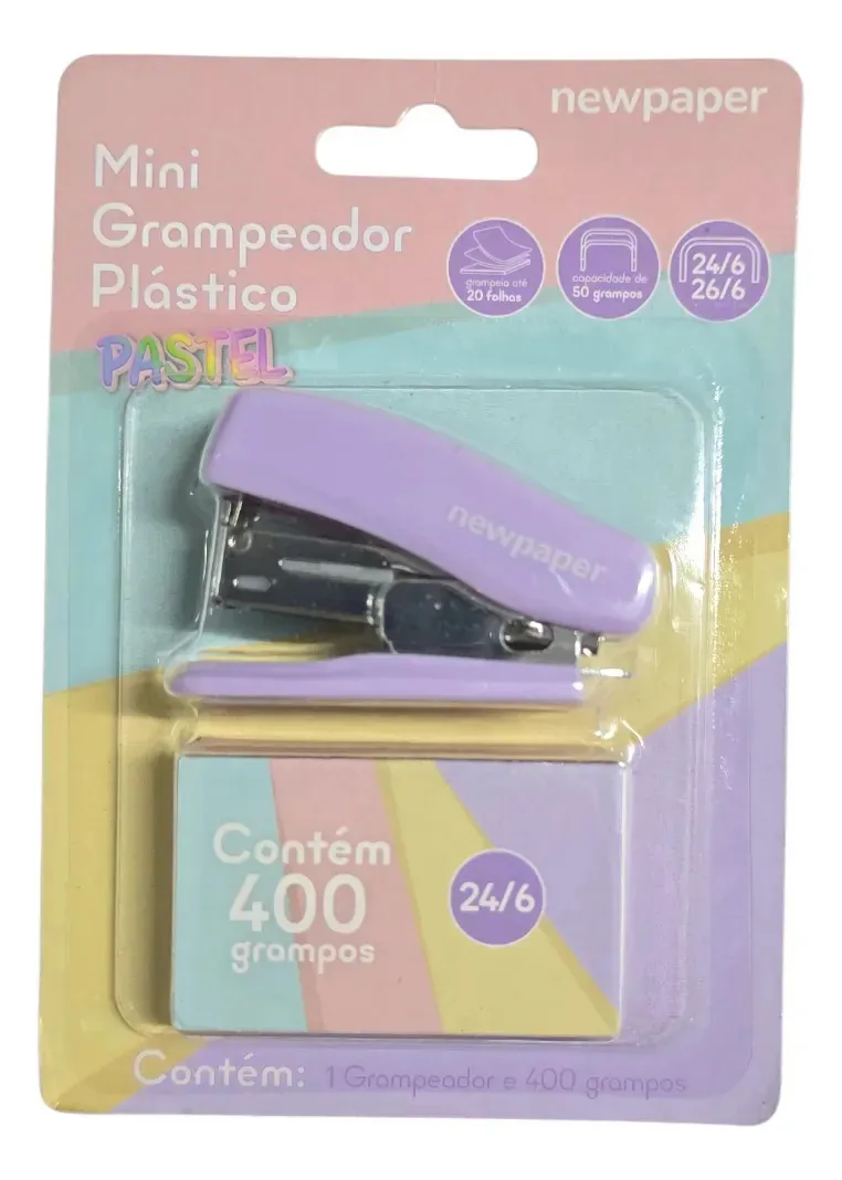 Mini Grampeador + 400 Grampos 24/6 - Tons Pastéis Cor Lilás