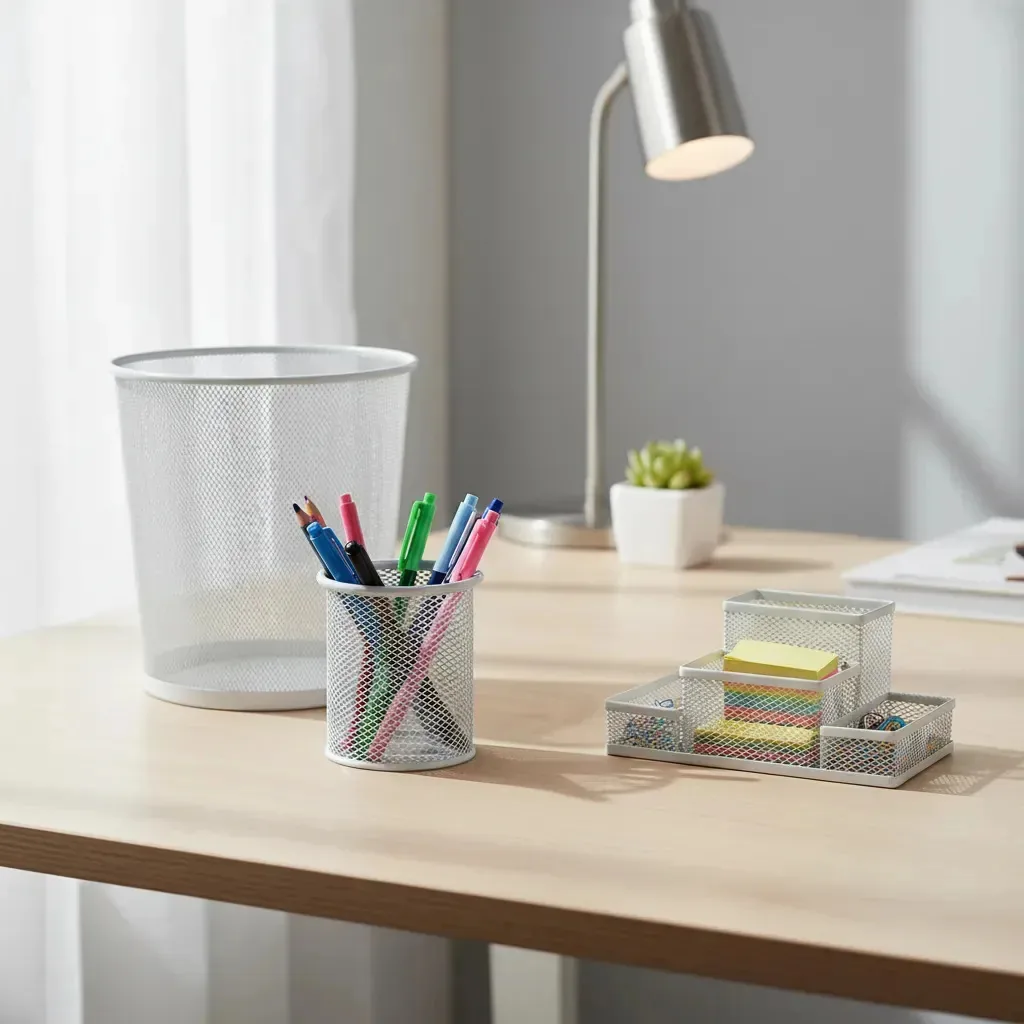 Kit Organizador Escritório Lixeira Treco Lápis Branco White