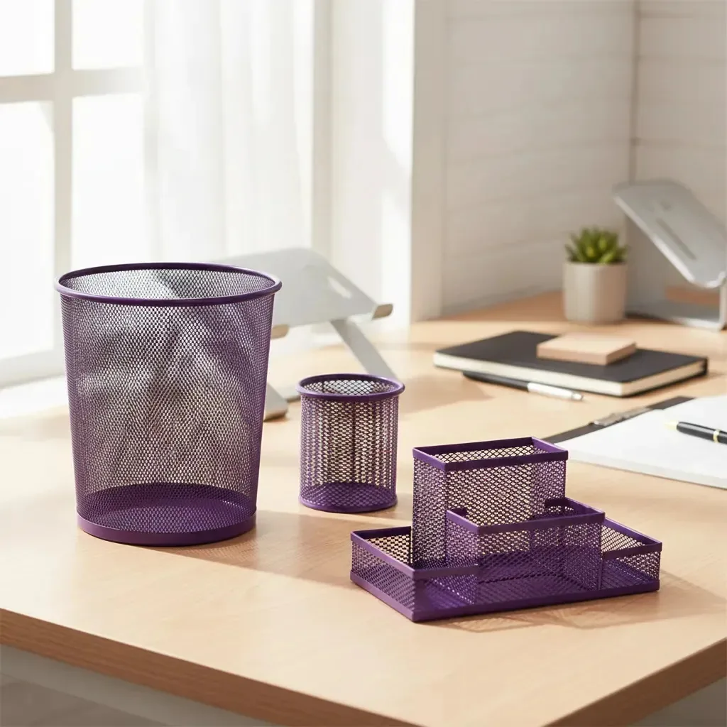 Kit Organizador Escritório Lixeira Treco Lápis Roxo Purple