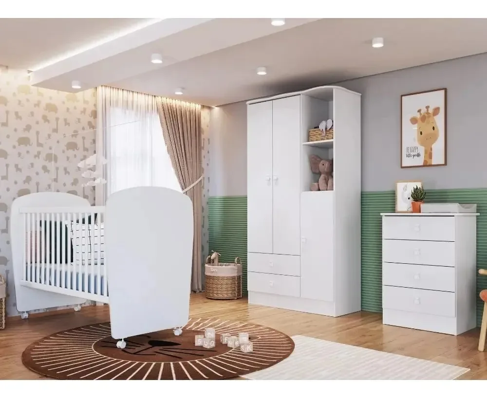 Quarto De Bebê Completo Berço Cômoda E Guarda Roupa Cor Branco