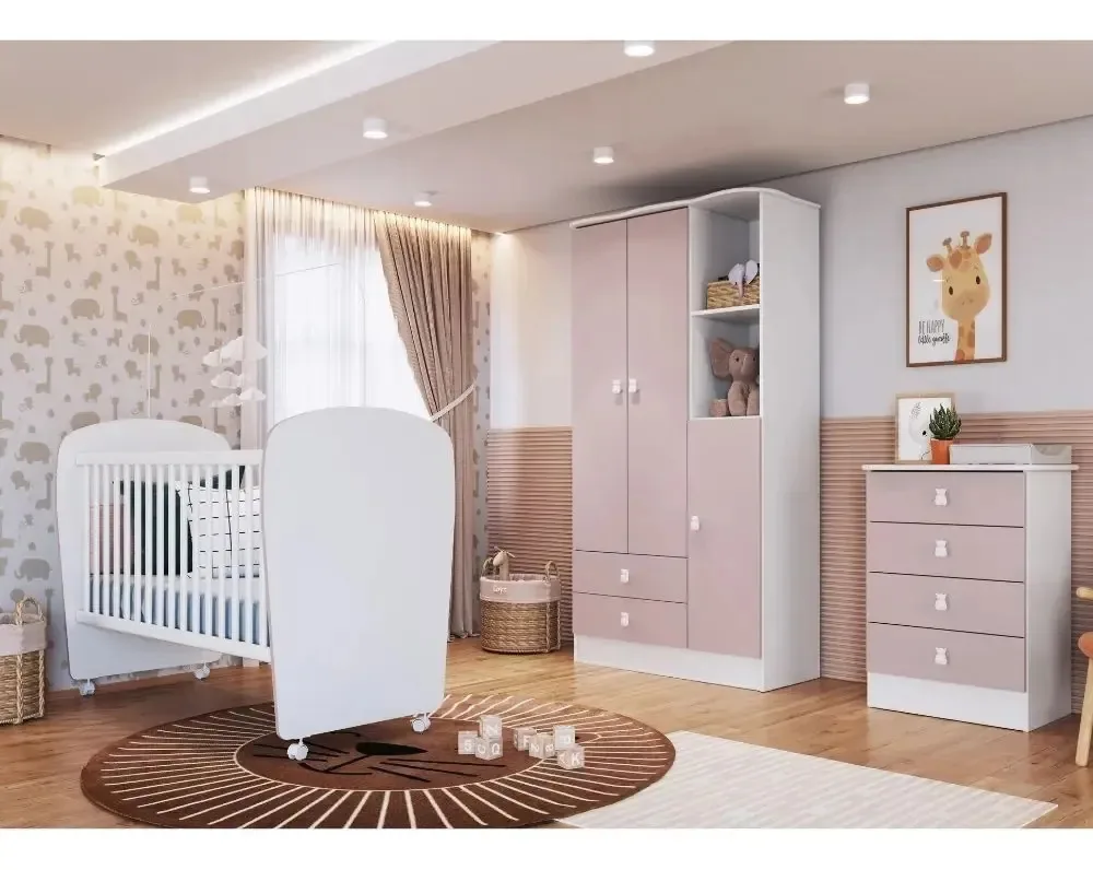 Quarto De Bebê Completo Berço Cômoda E Guarda Roupa Cor Branco Com Rosa