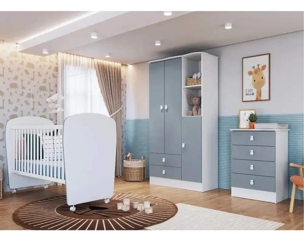 Quarto De Bebê Completo Berço Cômoda E Guarda Roupa Cor Branco Com Azul