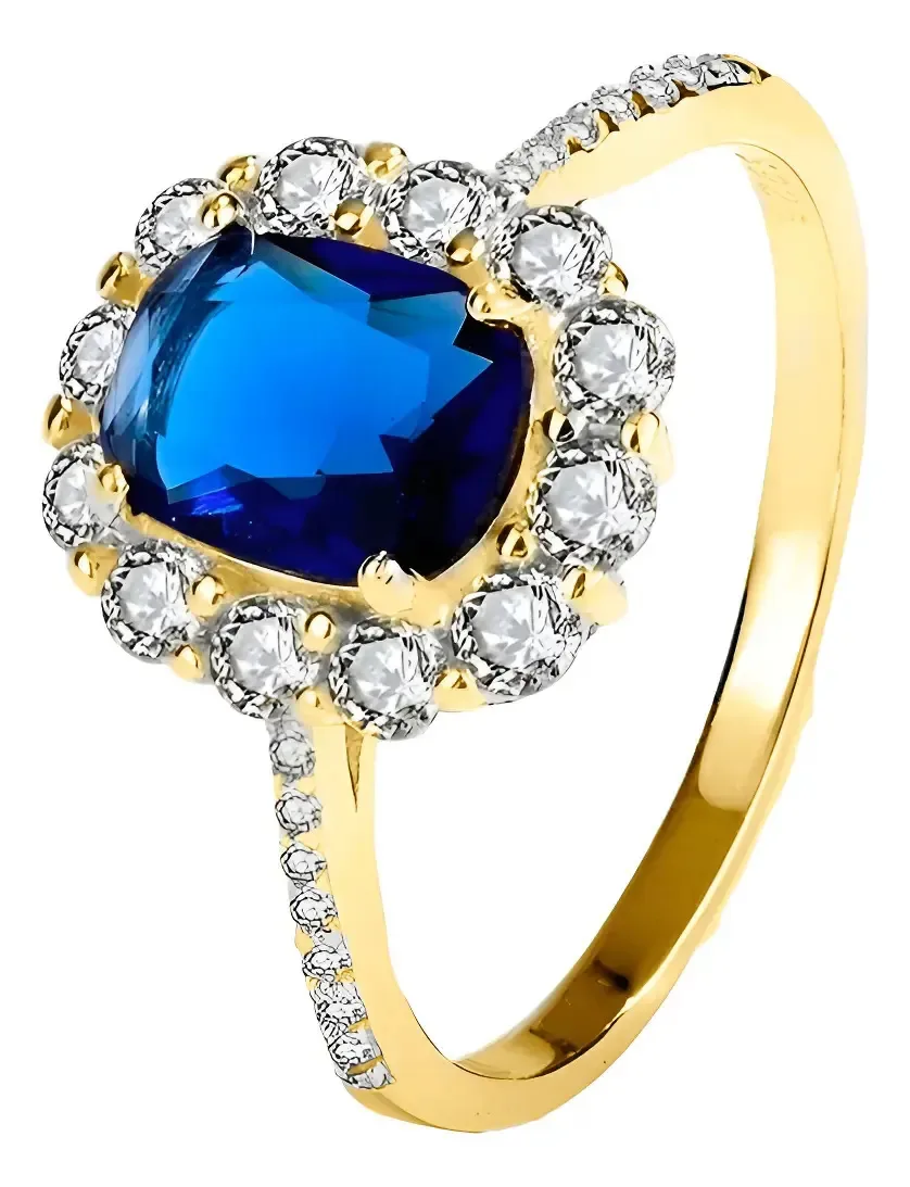 Anel De Prata Formatura Cursos Safira Azul + Caixinha Cor Dourado Tamanho 30