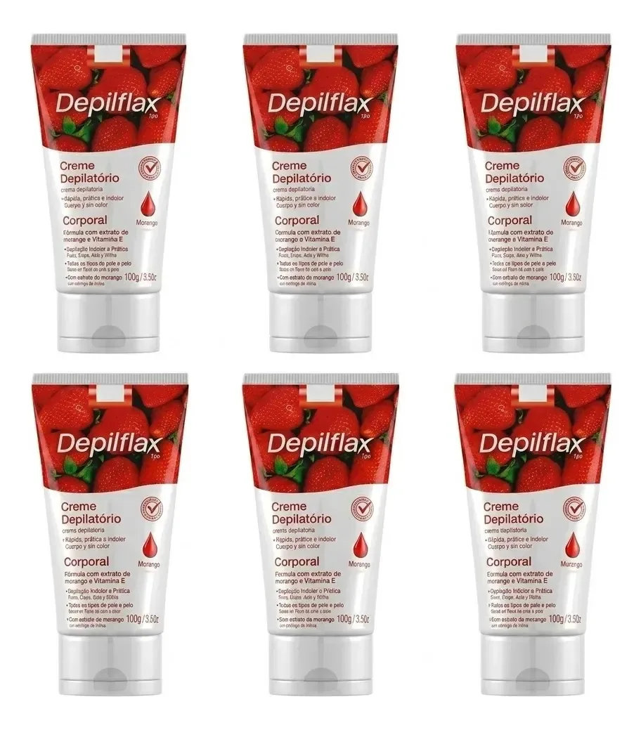 6un Creme Depilatório Corporal Depilflax Morango 100g Normal