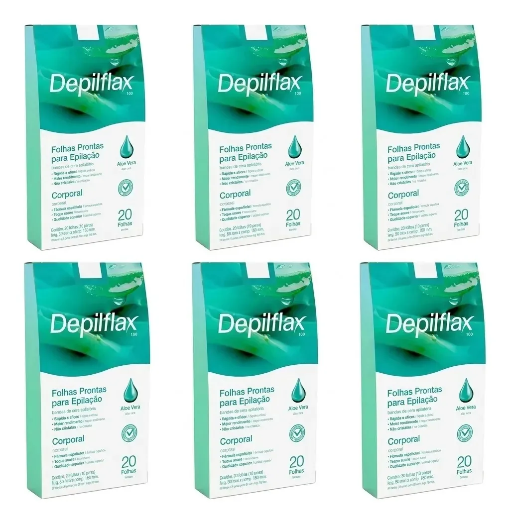6cx Folhas Prontas Corporais Depilflax Aloe Vera C/20 Unid