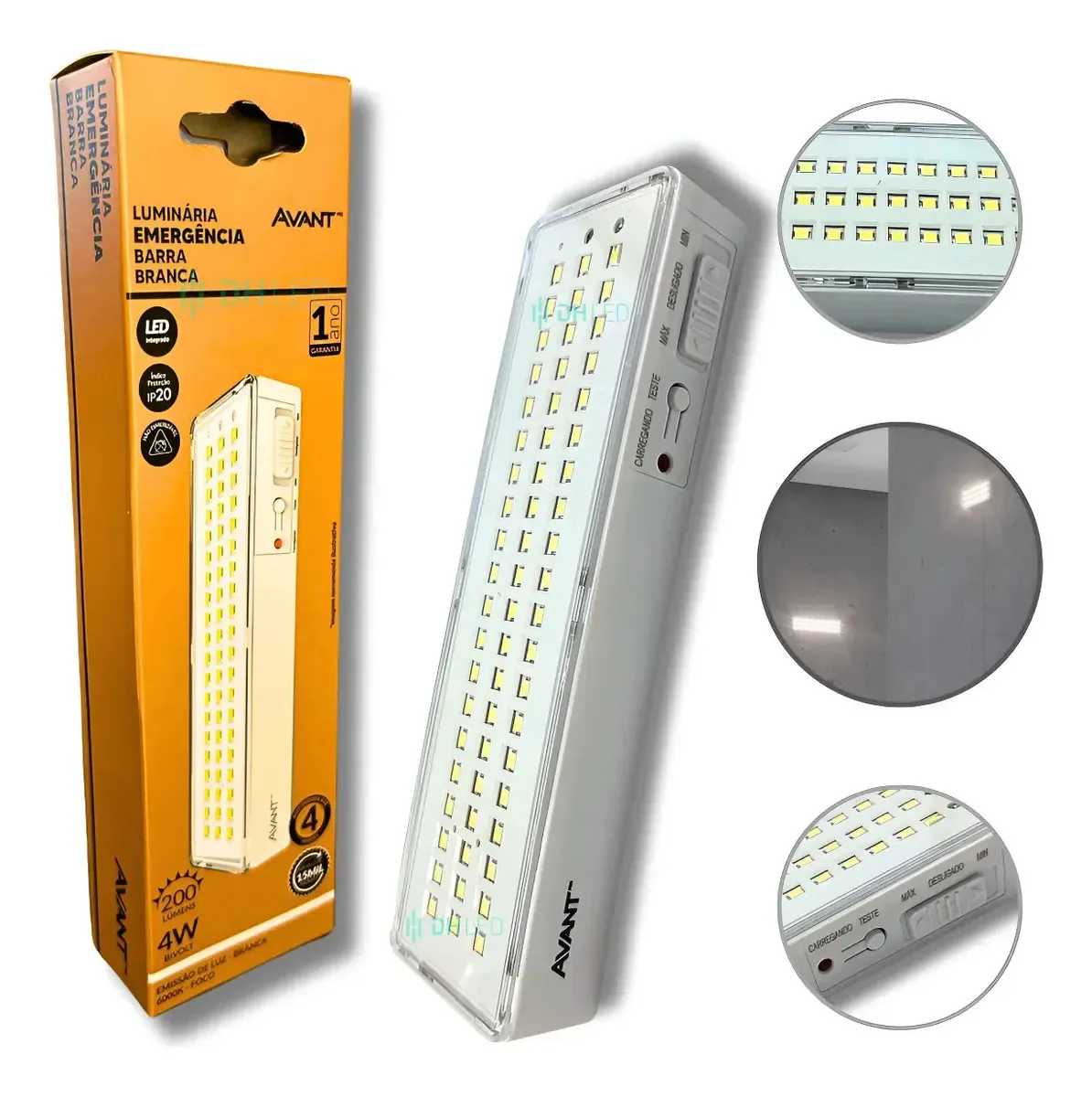 Kit 3 Luzes de Emergência LED Avant, 60 LEDs e 4W, Bivolt