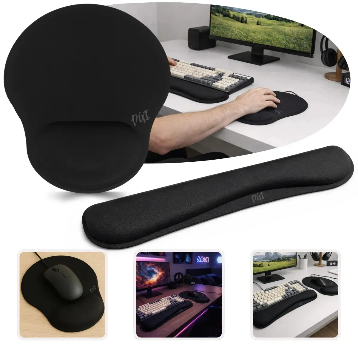 Kit Apoio De Pulso Teclado Mouse Pad Ergonômico Confortavél Macio Preto Liso Digital Informatica