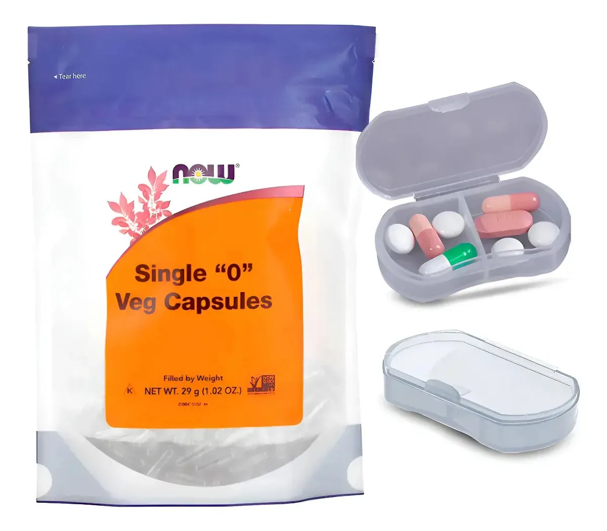 Caps Vazias Now Foods Pacote Com 300un + Porta Cápsulas Transparente