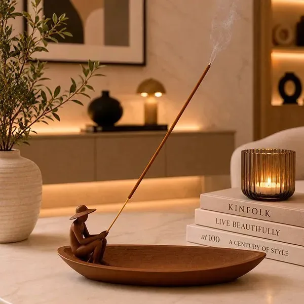 Incensário Barco Zen Porta Incenso Pescador Decorativo