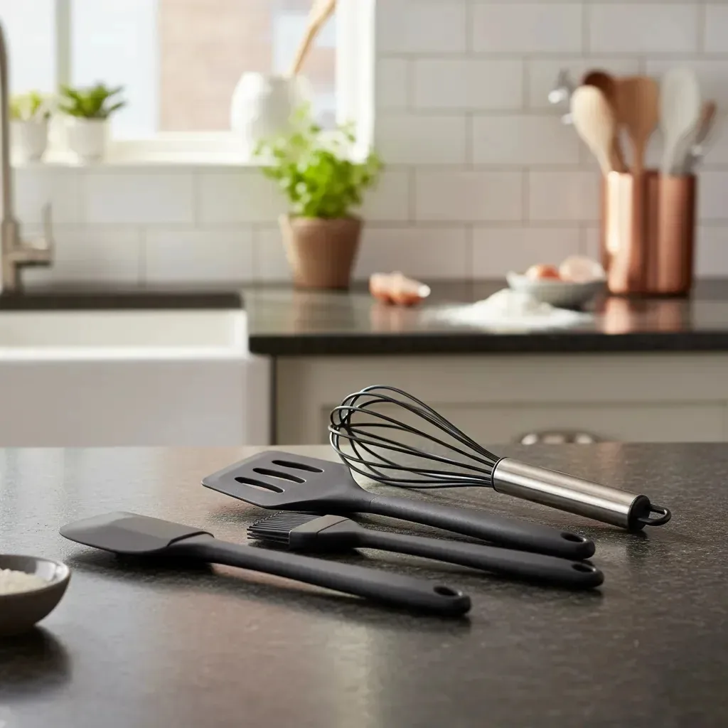 Kit 5 Utensílios Cozinha Silicone Resistente 240°c Antimofo Cor Preto