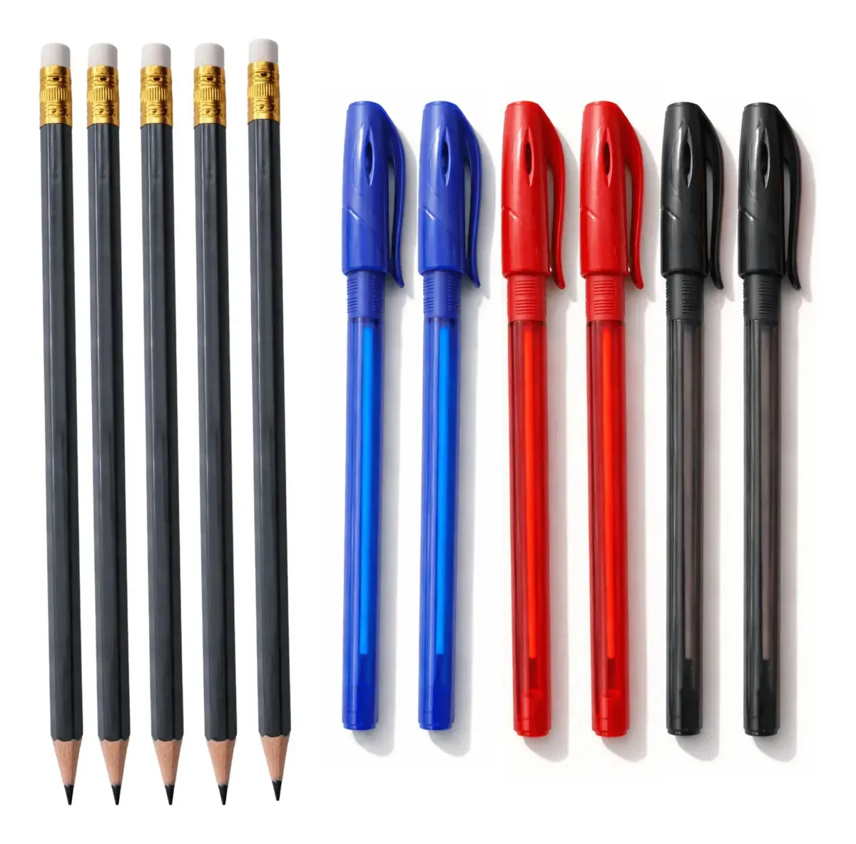 Kit 5 Lápis 6 Canetas Esferográficas Ponta 0.7mm Seca Rápido Vermelho Preto E Azul