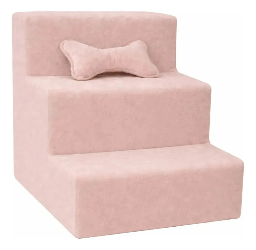 Escadinha Pet 3 Degraus Com Osso Veludo Rose