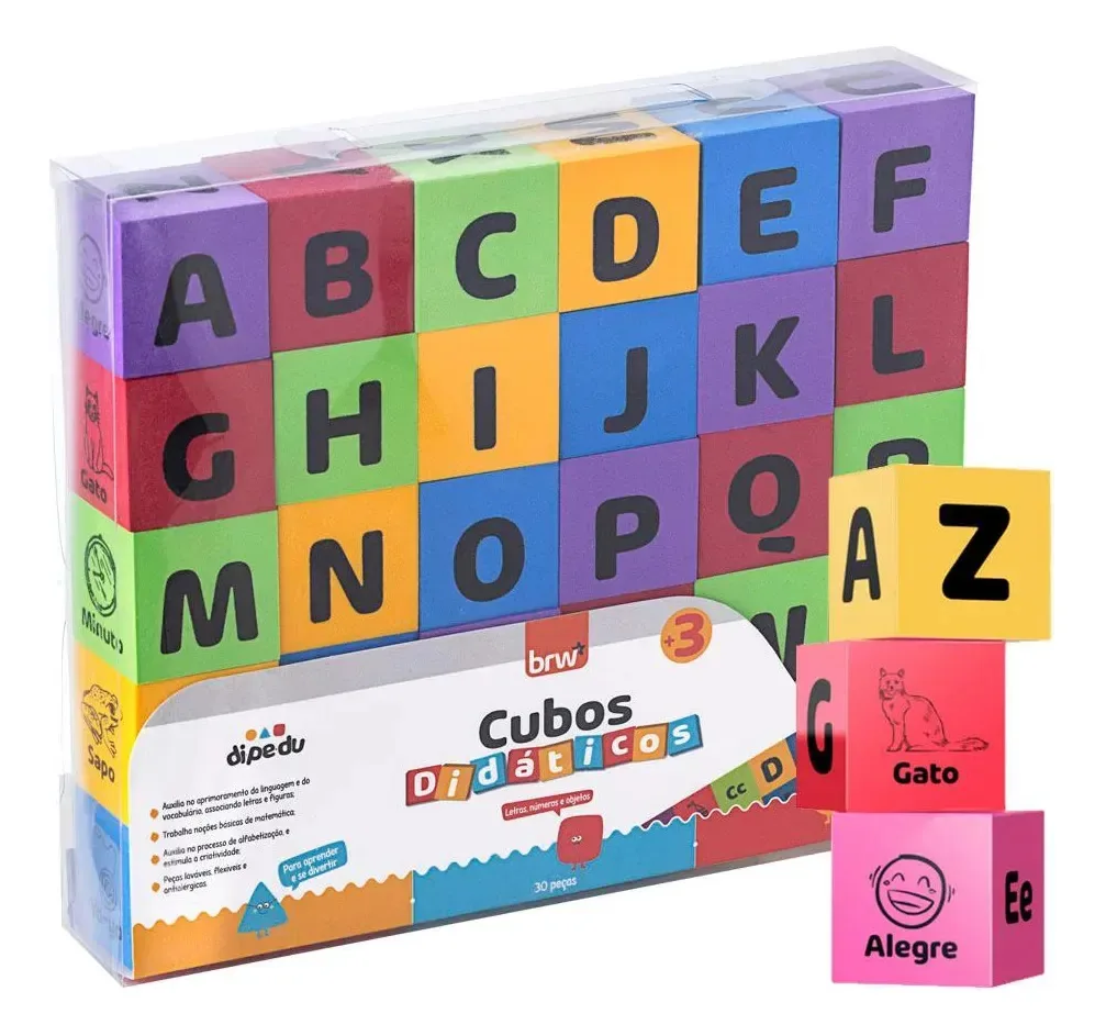 Cubos Didáticos Dipedu 30 Peças Letras Números Objetos Educativo