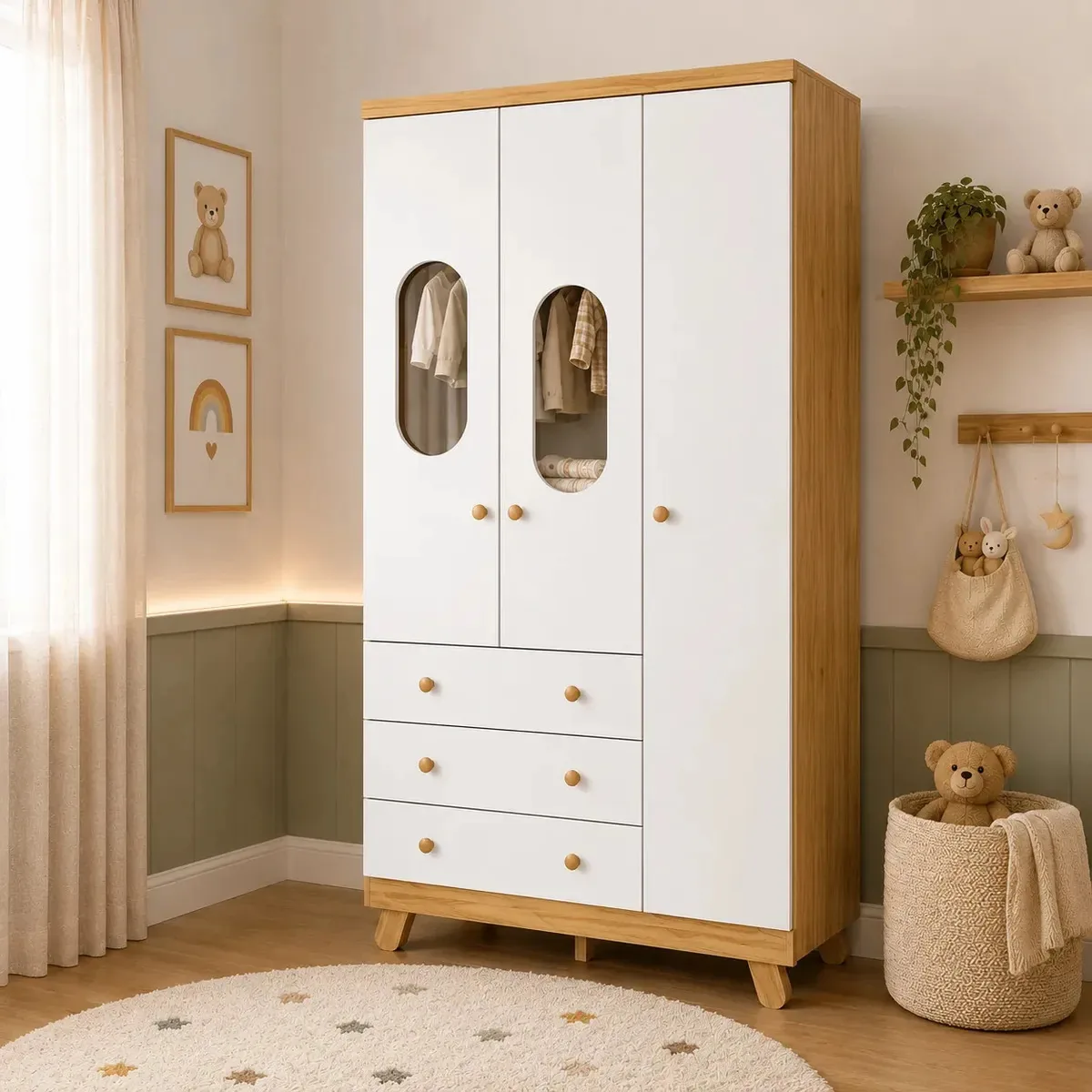 Guarda Roupas Janela Quarto Bebê Pingo 3 Portas 3 Gavetas Cor Branco/Amêndoa