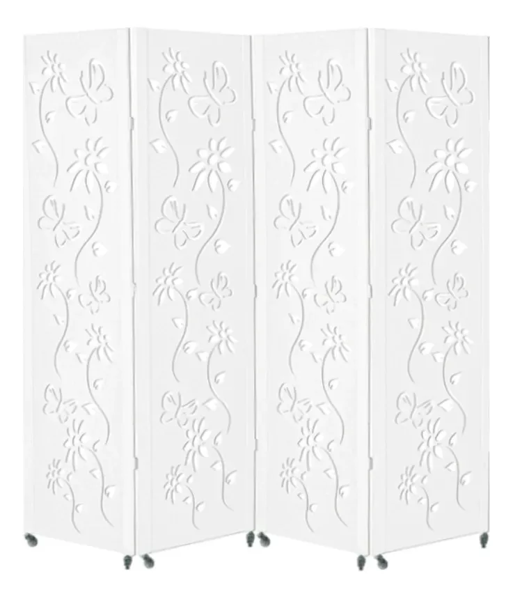 4 Biombo Divisória Mdf Separador Pintado Com Rodízio Nc Cor Branco Florido
