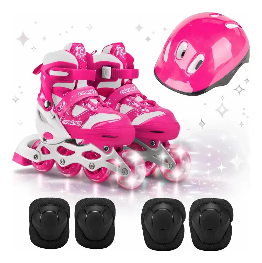 Patins Infantil Feminino 4 Rodas Led Com Kit Proteção 34-38 70 Mm Rosa E Branco