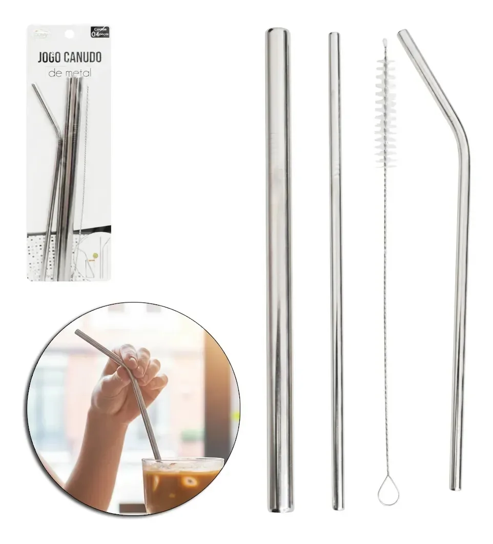 Kit 3 Canudos Inox Grosso Milkshake + Reto + Curvo + Escova Inox