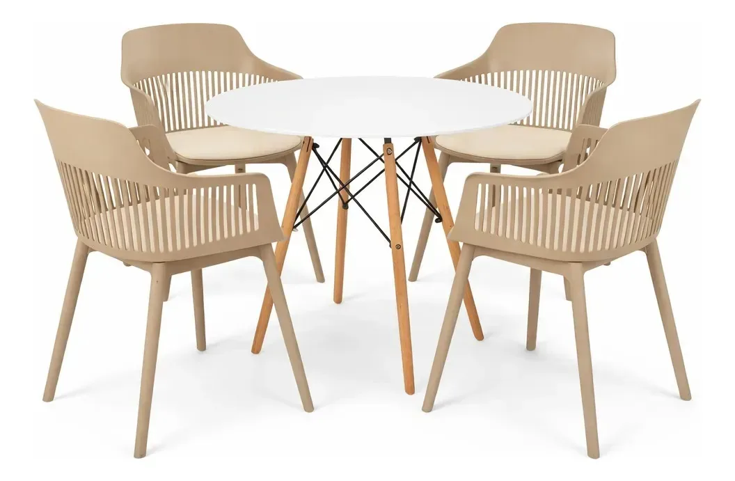 Conjunto Mesa Eiffel 90cm Branco + 4 Cadeiras Nude
