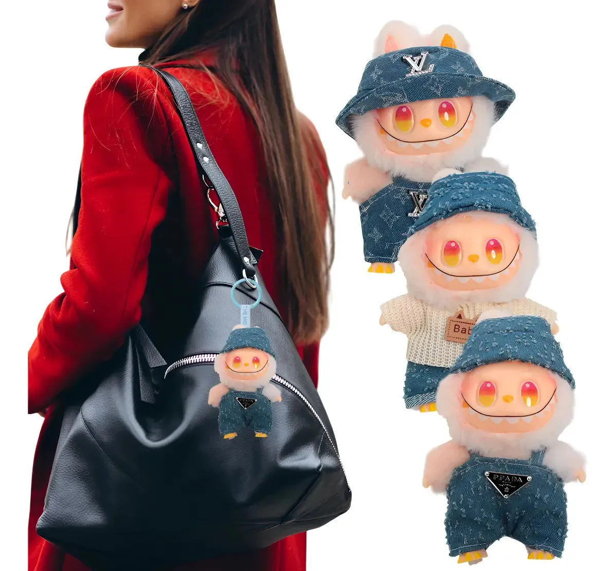 Conjunto Roupinha Para Labubu Jeans Macacão Chapéu Luxo