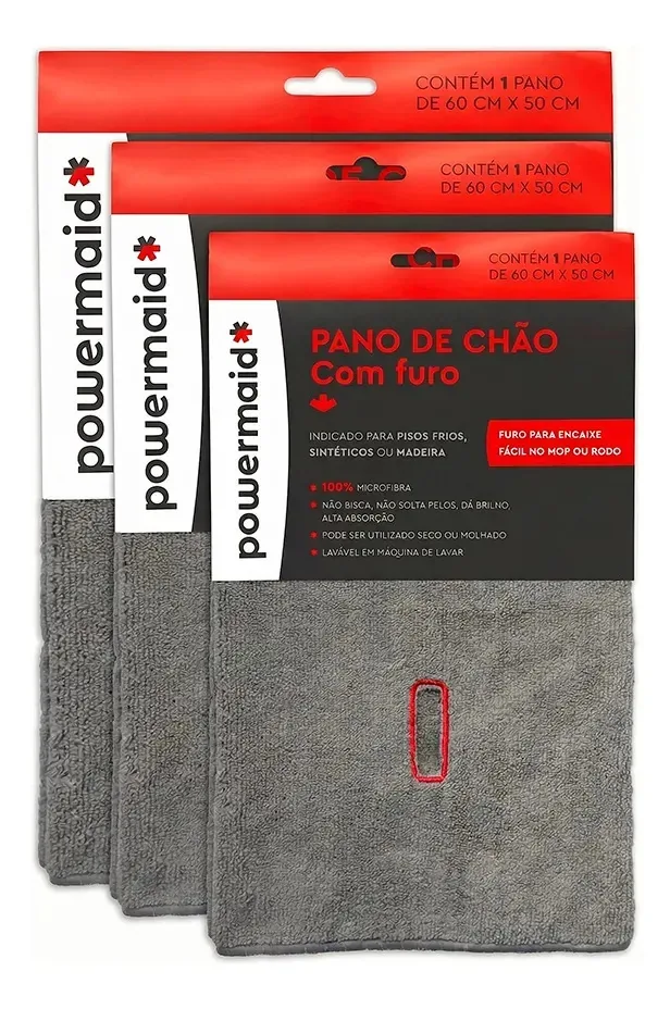Kit De Panos De Chão Microfibra 60x50cm 3 Peças Powermaid