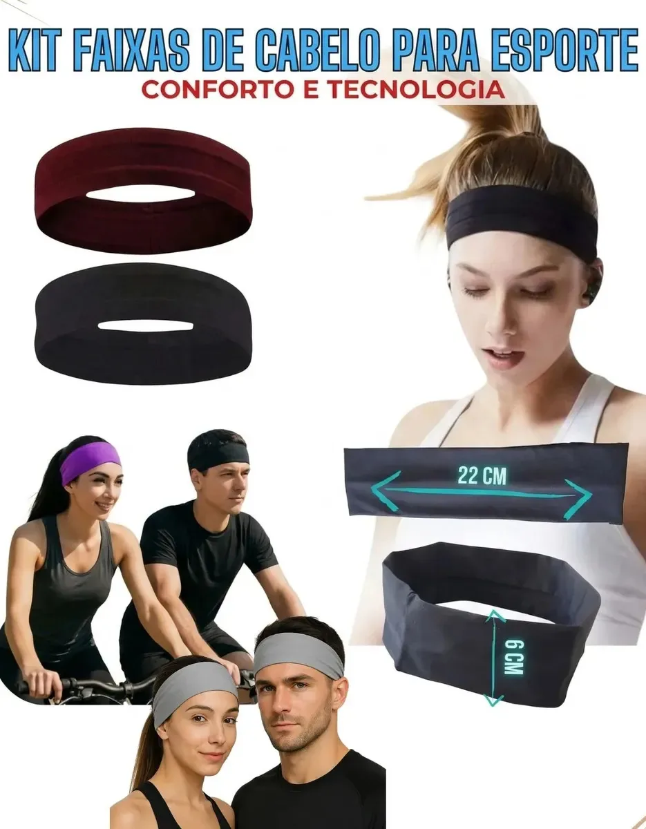 Kit Faixas Headband Anti Suor Cabelo Testa Esporte Corrida 1 Faixa Cinza 1 Faixa Preta Único Headband Cinza E Preta