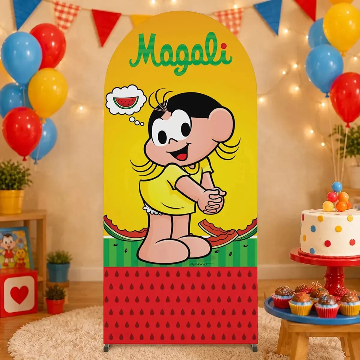 Painel Festa Romano Magali Turma Da Mônica Decoração Festa Aniversário Infantil Em Tecido Sublimado Veste Fácil C/elástico 1x2m - Criatema
