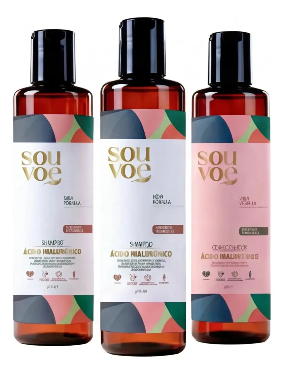 Kit 2 Shampoos E Condicionador Ácido Hialurônico - Hidratação Profunda Reparação Capilar Vegano Ph Balanceado Cabelos Macios Brilho Intenso Uso Diário Sou Voe