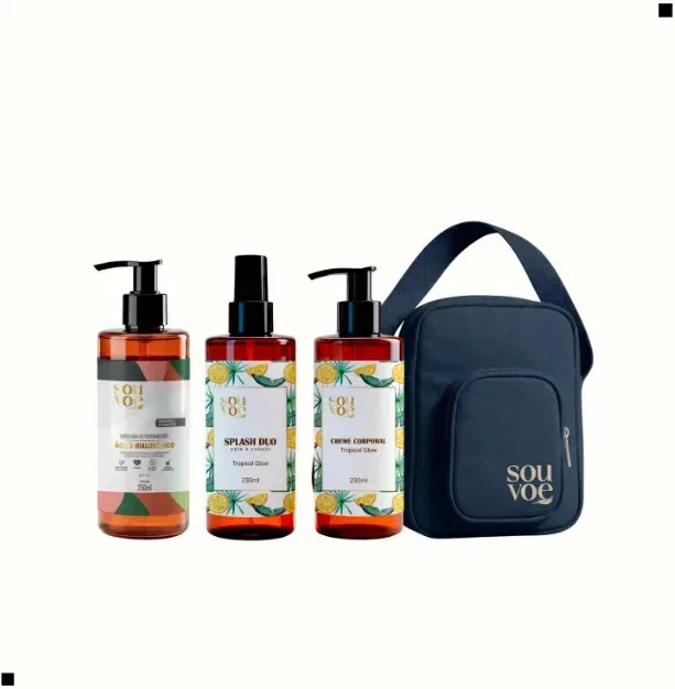 Kit Cuidado Senses + Shoulder Bag - Mascara De Tratamento Acido Hialurônico Creme Corporal Splash Duo Pele E Cabelo Tropical Glow Hidratação Recuperação Sou Voe
