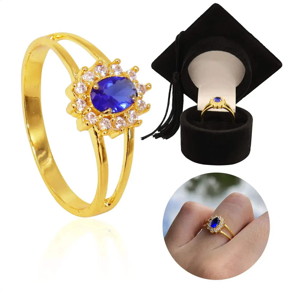 Anel Formatura Feminino Moeda Banhada - Design Gráfico Cor Azul Tamanho 17