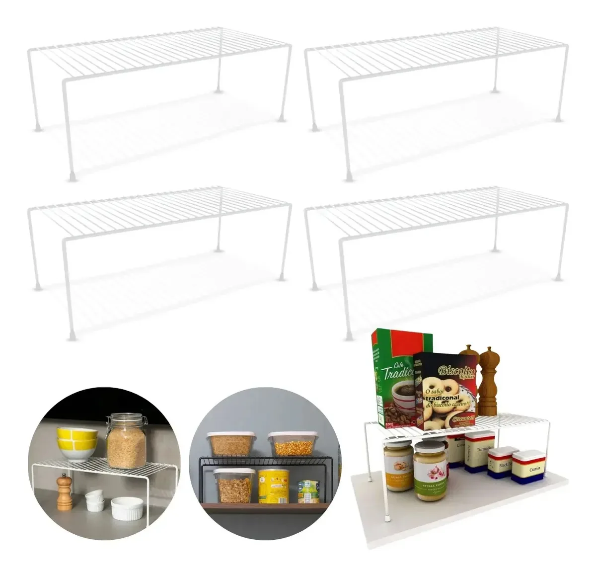 Kit 4 Unidades Organizadores Prateleira Armário 42cm Cozinha Cor Branco