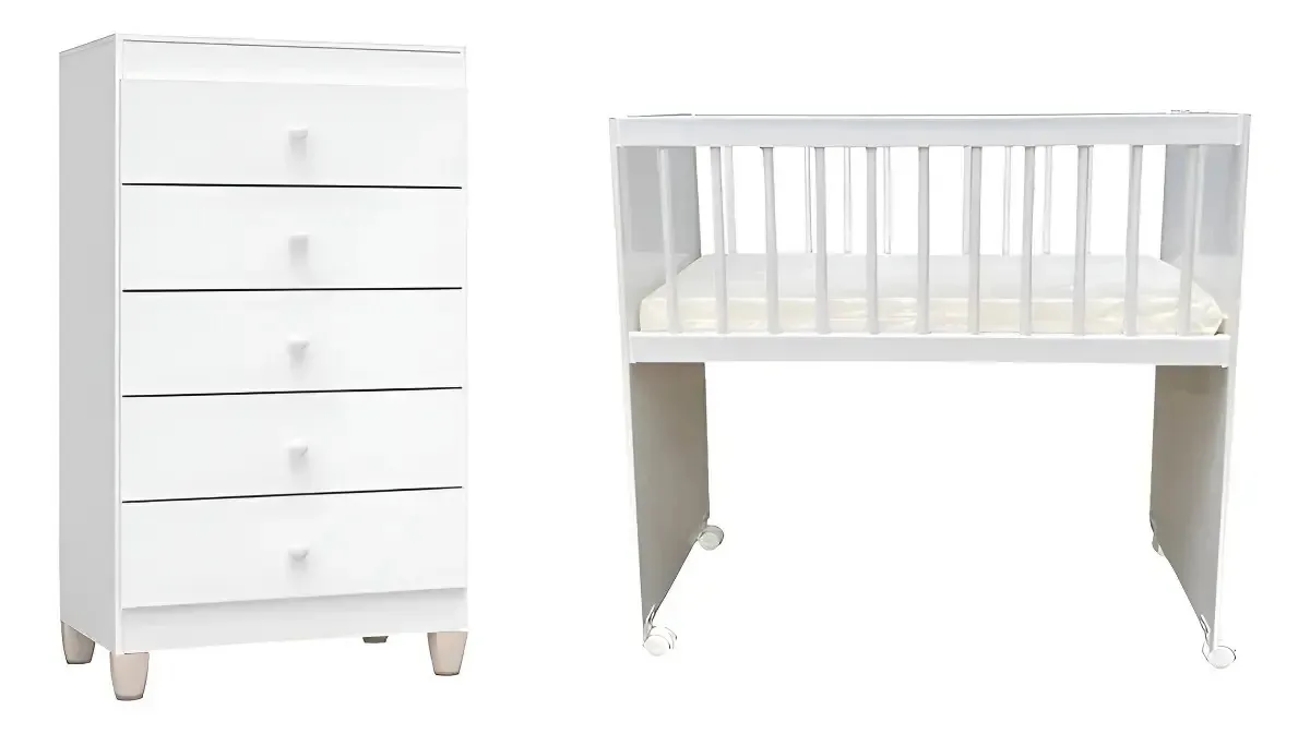 Mini Berço Moisés Alegria Com Colchão E Cômoda Gaveteiro Com Cômoda Gaveteiro Branco Brilho