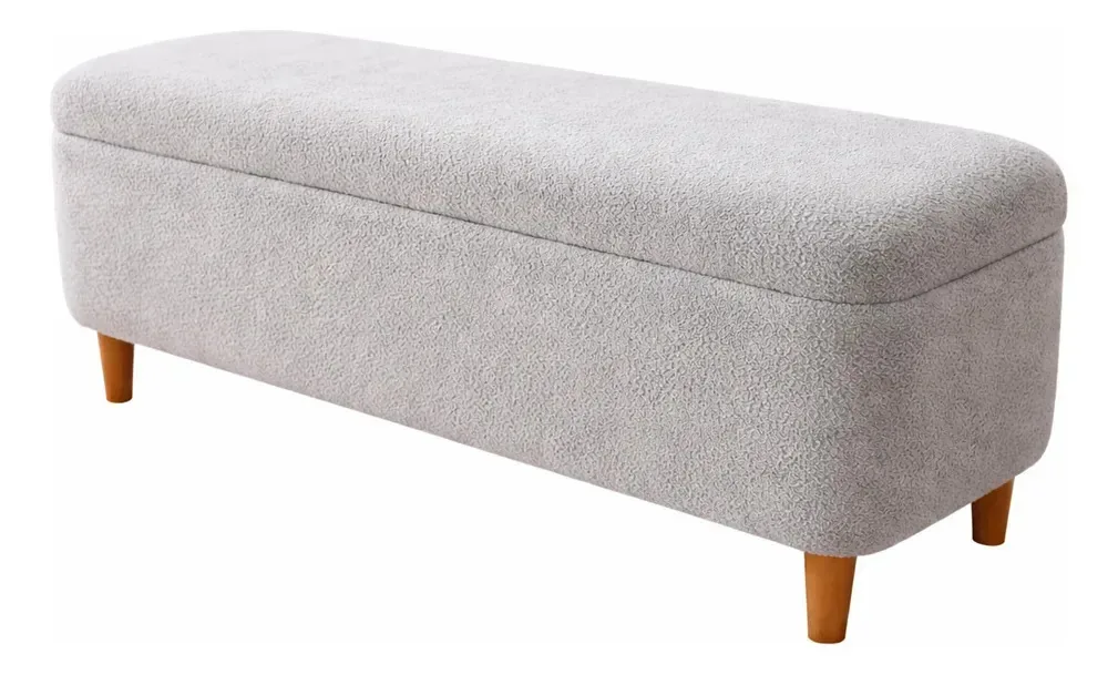 Puff Baú Bella 90cm Pés Madeira Linho Cinza