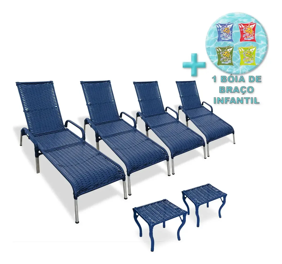Kit 4 Cadeiras Alumínio Reclinável Madrid E 2 Mesas + Cor Azul